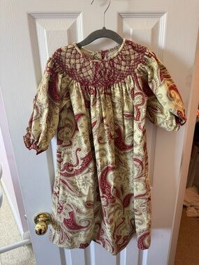 Le Za Me Smocked Paisley Girls Dress in Cream and Burgundy | size 4